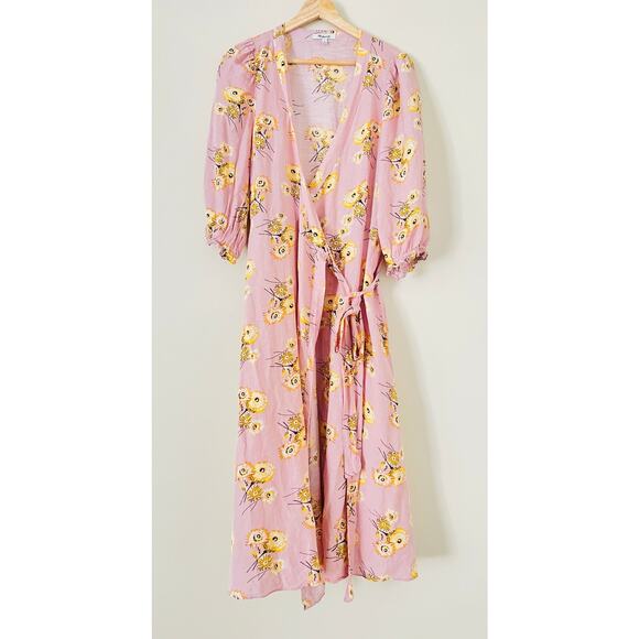 Madewell Linen-Blend Ruffle-Cuff Wrap Dress Dutch Dandelions Medium Pink Floral - Picture 5 of 9